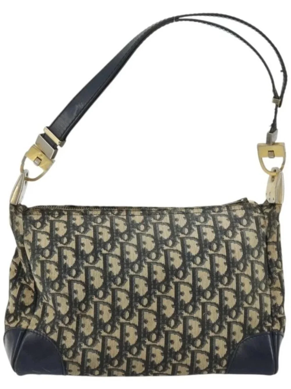 Christian Dior Trotter Canvas Shoulder Bag Navy Gold Auth - Picture 3 of 16